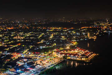 Fototapeta premium aerial night view of the Malacca Strait coastline and cityscape