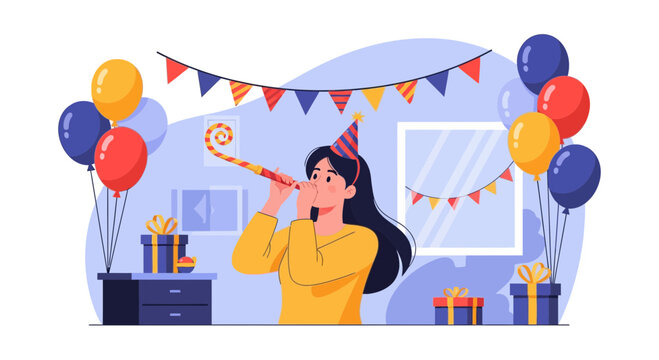 Woman celebrating with a party hat and noisemaker in a decorated room filled with balloons and gifts for a special occasion