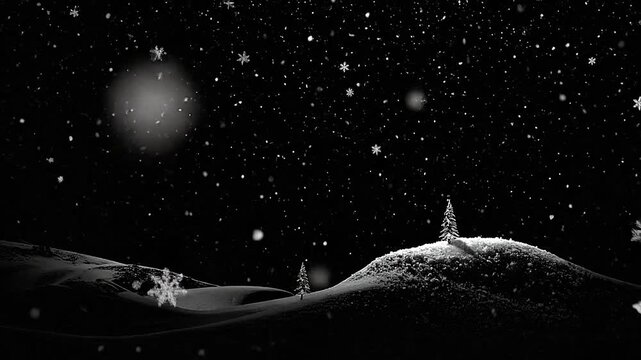 A black and white winter landscape with falling snowflakes and small evergreen trees