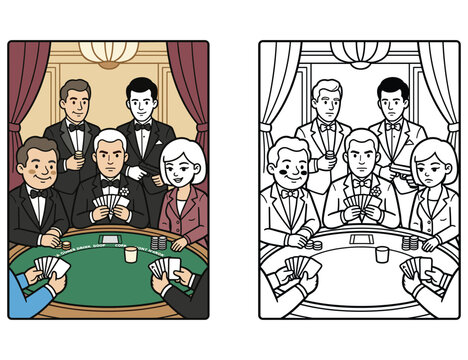 Poker players at green table coloring page featuring group of people playing card games.