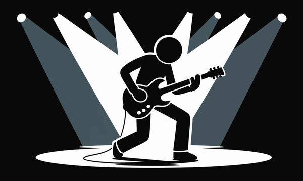 Stick figure rock guitarist performing on stage with spotlights