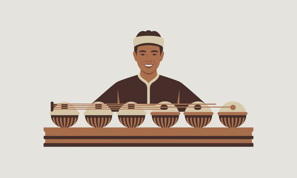 Indonesian Musician Playing Traditional Gamelan Instrument Illustration