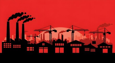 Obraz premium Industrial Factory Skyline Silhouette Vector Smokestacks Cranes Warehouse Buildings Sunset Red Background Minimalist Fist Design Clean Sharp Edges Scalable Artwork