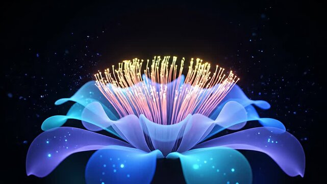 Abstract glowing blue lotus flower with golden light center