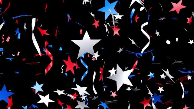 Stars, ribbons, and party streamers in America's colors, red, white, and blue. Confetti overlay for USA celebrations 4th of July, Memorial Day, Veteran's Day, or other patriotic US American holidays.