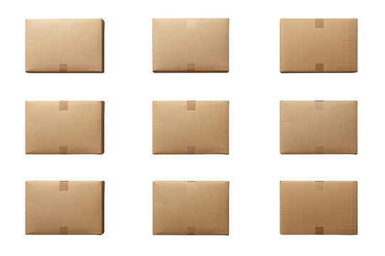 Group of nine brown cardboard delivery boxes with adhesive tape, top view, transparent background for easy use
