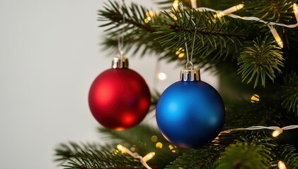 Fototapeta premium Festive Ornaments on a Christmas Tree: Close-up of vibrant red and blue ornaments hanging from a lush Christmas tree branch, the scene bathed in the soft glow of fairy lights.