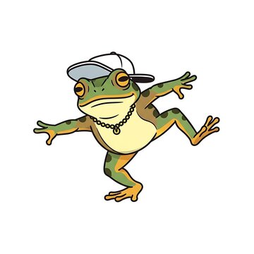Cartoon illustration featuring a vibrant green frog wearing a backwards baseball cap and a gold chain, in a playful, dancing pose