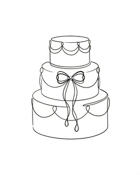Minimalist wedding cake continuous line drawing with ribbon bow on white background