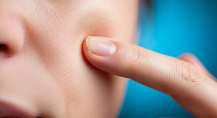Naklejka premium Close up of fingers gently lifting skin on a cheek to check for elasticity and firmness, reflecting a sense of aging and daily skincare, inspection, wrinkle, indoor
