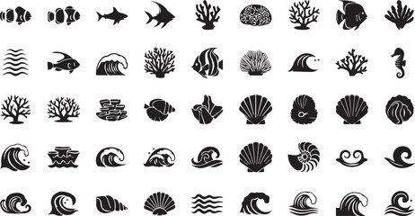 Obraz premium Set of black vector silhouettes of animals trees birds fish shells butterflies flowers and sun nature icons collection for design illustration and pattern use