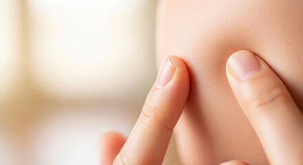 Fototapeta premium Close up view of fingers gently lifting cheek surface to examine elasticity and loss of firmness in soft light with a blurred background, soft, natural, loss