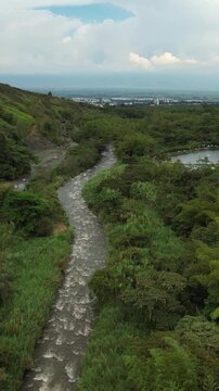 Aerial view of winding river flowing through green forest