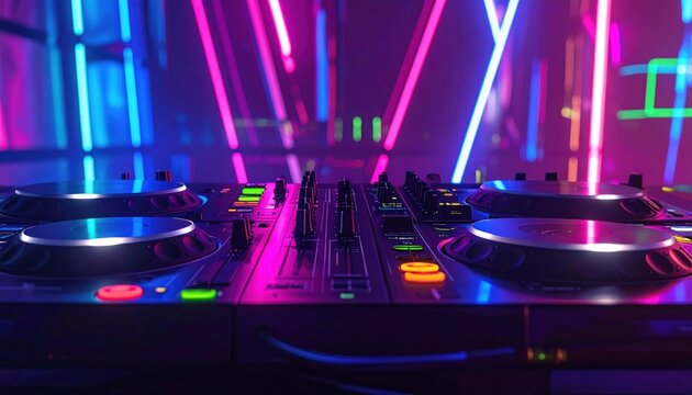 A professional DJ setup with illuminated decks and colorful neon lights in a club atmosphere