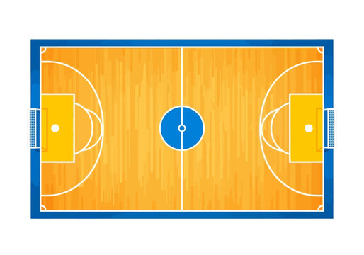 Top view of a rectangular wooden court with markings for a sport, featuring goals at each end and a central circle, ideal for indoor sports like futsal or handball