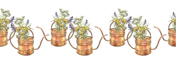 Watercolor seamless border with bouquet yarrow and lungwort and clover in teapot or watering can on white background. Flower milfoil for wedding invite. Summer or spring hand-drawn rim for wrapping © NatashaKun
