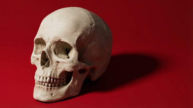 Human skull bone realistic texture, clean anatomy, isolated on red background, dramatic shadow