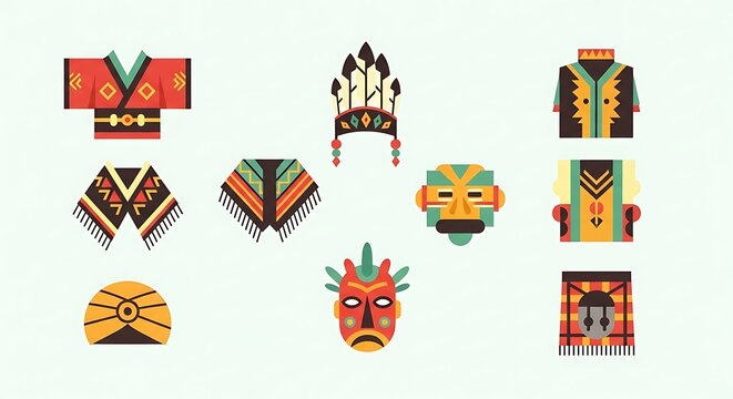 Cartoon-style flat illustration of diverse tribal clothing and masks, set against a pale background. Geometric patterns dominate the designs