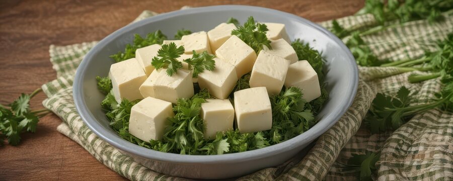 Tofu cheese cubes with fresh parsley and celery on a checkered napkin in a ceramic bowl, topped view ,  vegetarian,  ceramic bowl