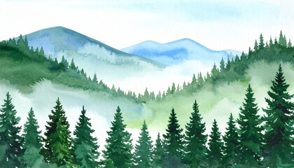 Fototapeta premium Watercolor forest and mountain landscape