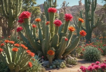 Obraz premium Vibrant flowers and greenery surround a majestic cactus in the garden, greenery, bloom
