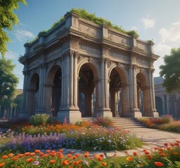 Fototapeta premium Vibrant flowers and greenery surround the grand structure , waterfront, mexico