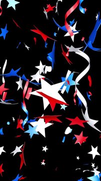 Stars, ribbons, and party streamers in America's colors, red, white, and blue. Confetti overlay for USA celebrations 4th of July, Memorial Day, Veteran's Day, or other patriotic US American holidays.