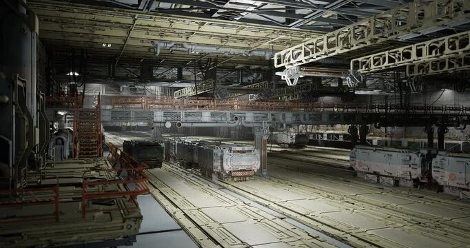 Extensive train manufacturing area, Expansive assembly zone for railway carriages, Wide factory space with parallel tracks and overhead systems