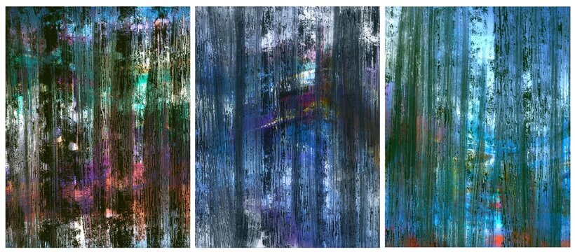 Set of dark abstract grunge posters with hand painted paint strokes, dark colorful wallpapers bundle, triptych, combo of posters in dark blue purple green, abstract interior posters with lines