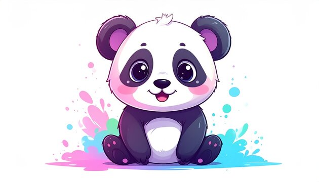 Cute baby panda illustration with big eyes and a smiling face surrounded by colorful paint splashes, perfect for children's designs