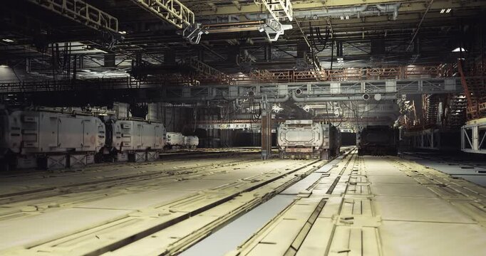 empty illuminated loading corridor with reflective floor and parallel rails, soft overhead glow revealing trusses and support framework, deep perspective