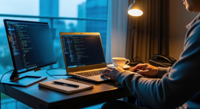 Programmer Working Late Night On Laptop With Multiple Monitors.