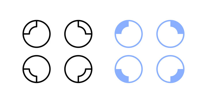 Parallel processing progress symbol. Multiple circular progress rings aligned with varied completion levels. AI multitask processing concept. Simple geometric illustration.