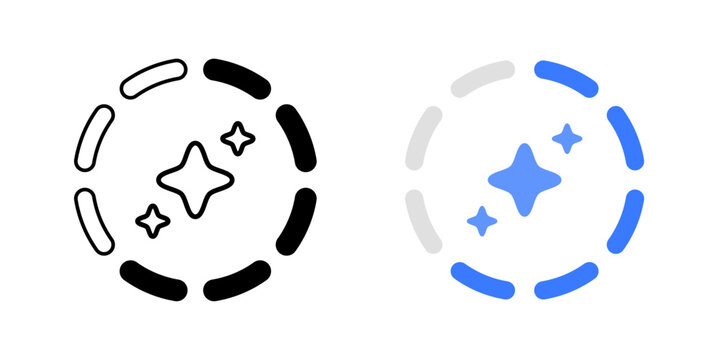 Processing status indicator symbol. Circular progress ring with central sparkle element. AI processing state concept. Simple geometric illustration.