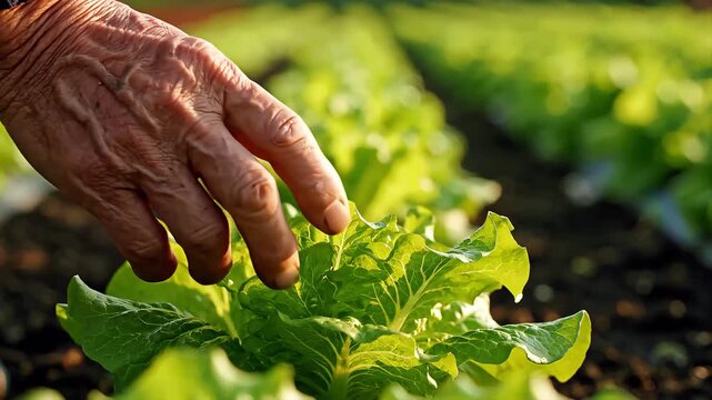 Elderly hand touching green lettuce leaves.