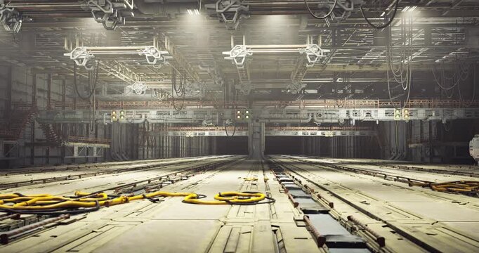 Performance zone with lighting, Stage environment including lighting and structures, Overview of theatrical setup with equipment and supporting frames