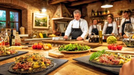 Obraz premium Chef Presents Rustic Dish in Cooking Class at Cozy Kitchen Setting