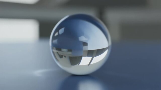 A stunningly polished chrome sphere brilliantly reflects a modern, minimalist environment, showcasing its sleek metallic texture and advanced 3D rendering with subtle lighting on a blue surface