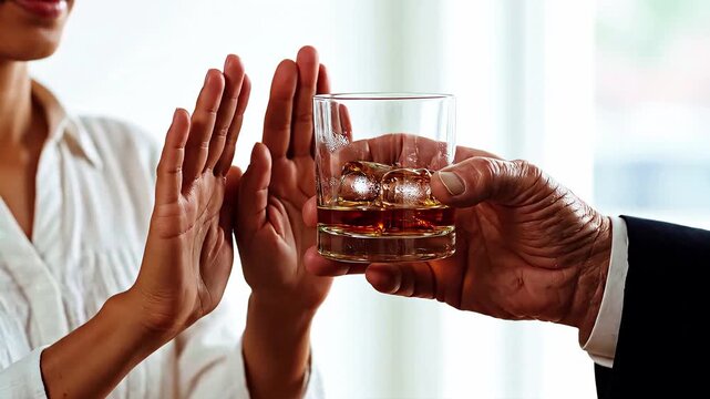 Woman refusing a glass of whiskey.