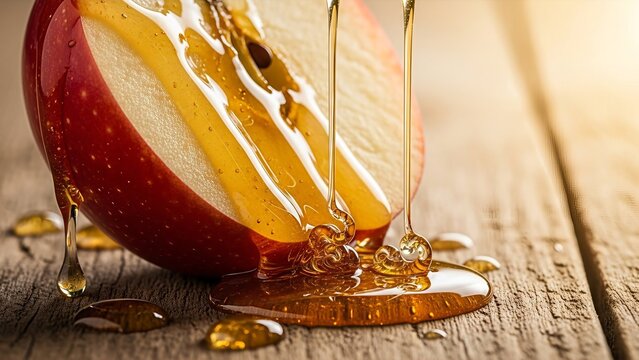 Apple Half Drizzled with Golden Honey on Rustic Wood