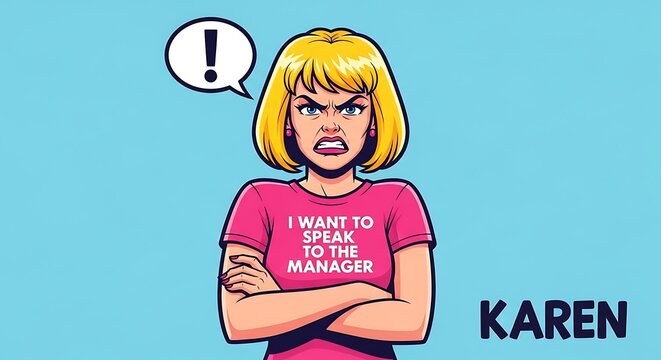 Cartoon depiction of a woman with blond hair, arms crossed, and an angry expression, wearing a shirt with text. A thought bubble is above