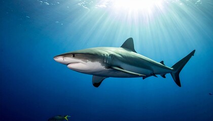 Naklejka premium Shark swimming underwater with sunlight