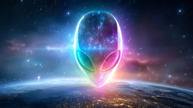 Glowing alien head floats in vibrant cosmic galaxy above Earth