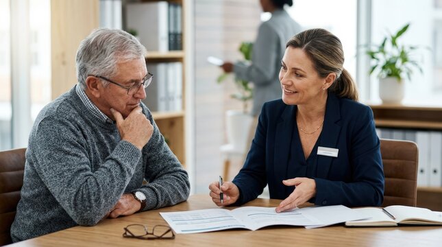 Oneonone consultation at a desk where an advisor reviews health plan options with a retiree the counselors attentive expression in focus and office details softly faded.