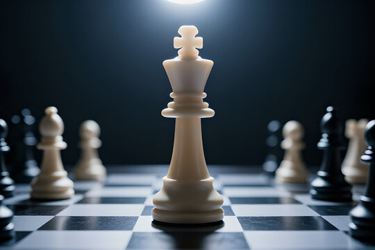 A majestic white chess king stands prominently on a checkered board on transparent background