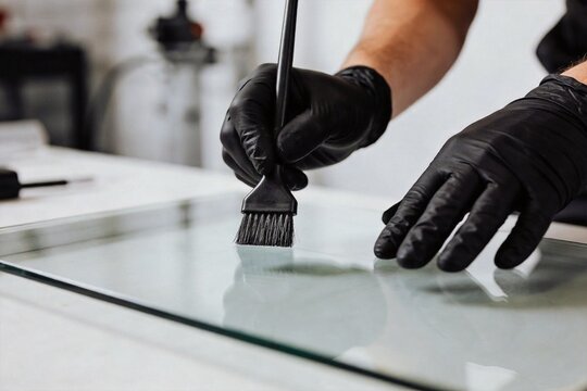 Person cleaning glass surface with brush