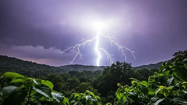 Dramatic lightning strikes over a lush green forest during a powerful thunderstorm at night