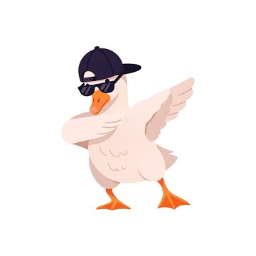 Cartoon-style illustration features a white fowl in a stylish pose. It wears a backward cap and sunglasses, dabbing its wing