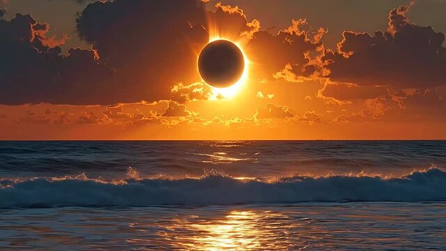 A celestial event occurs over the ocean, with the sun rays shining through the clouds at sunset