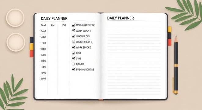 Daily planner open with checkboxes and pen.